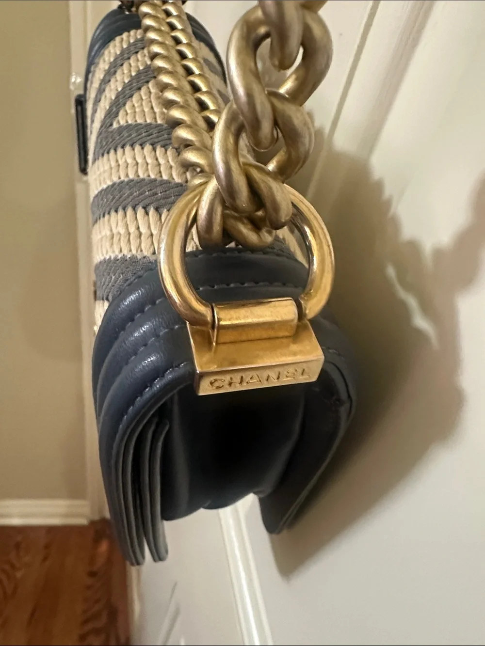 CHANEL small blue & Cream Chevron and Leather Boy Crossbody